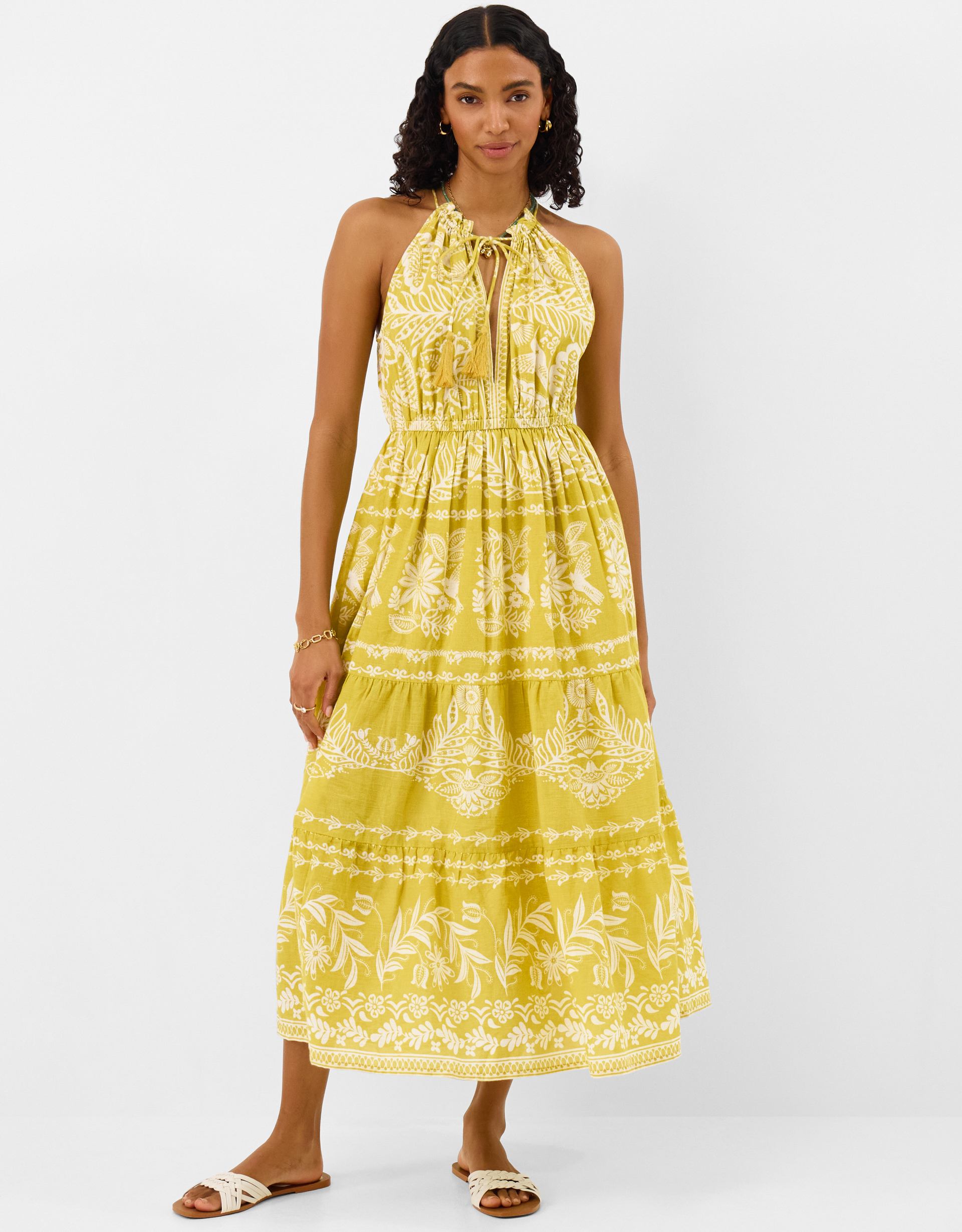 Green/white Floral Halter Neck Midi Dress Green, Size: L, Women's