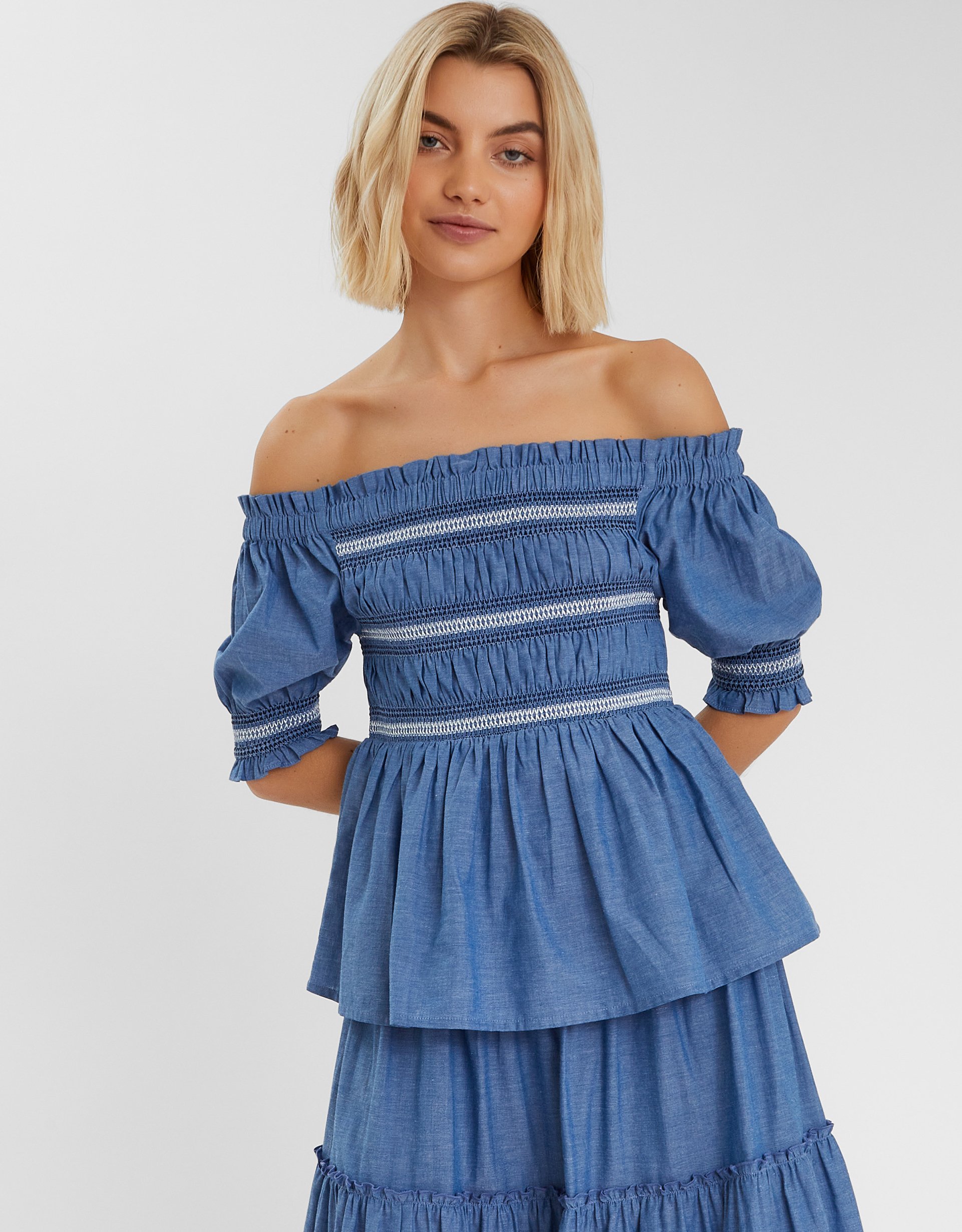 Off-the-shoulder Smocked Top Blue, Size: M - Accessorize