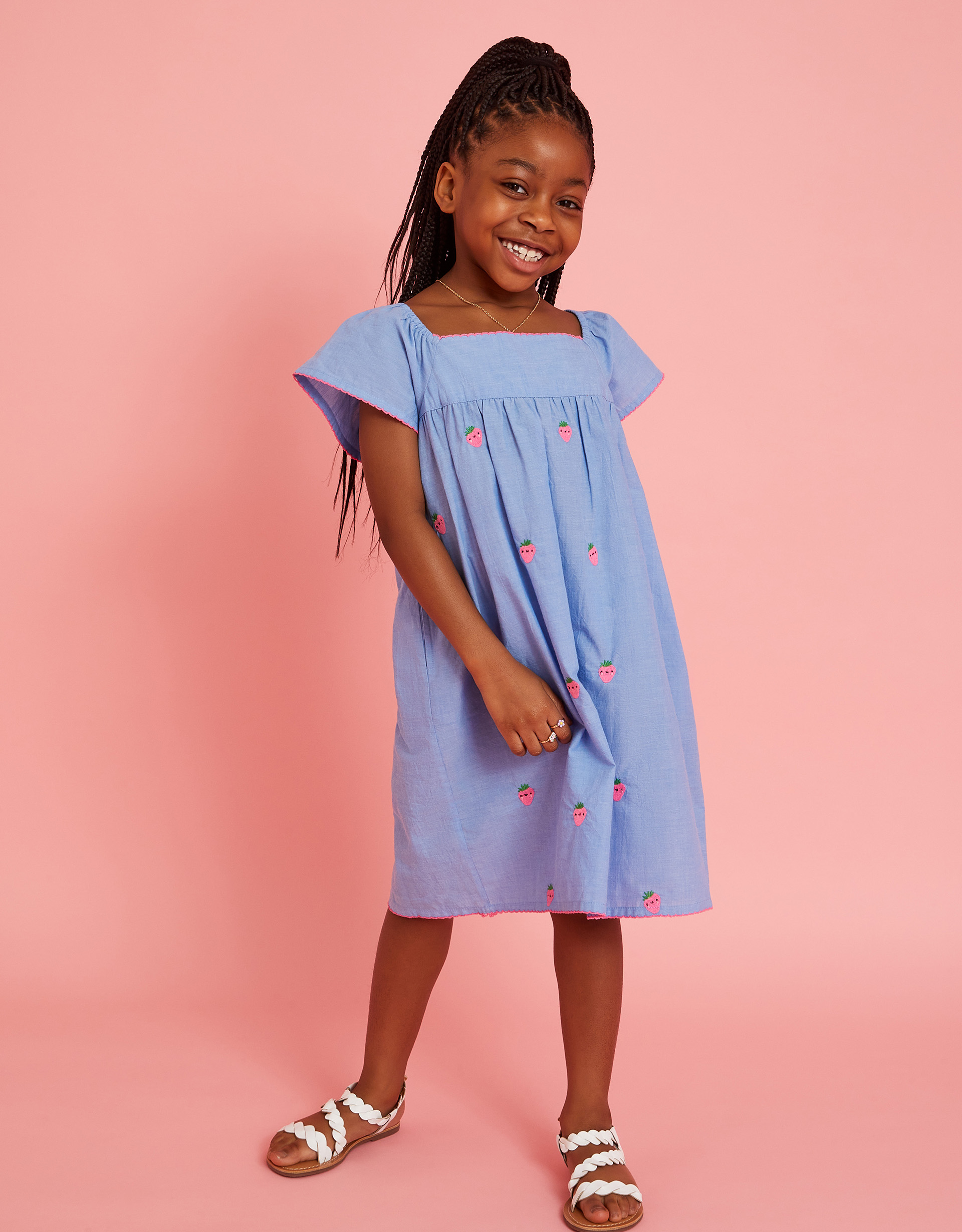 Light Blue & Pink Cotton Strawberry Chambray Smock Dress, Size: 7-8 Years, Girl's - Accessorize