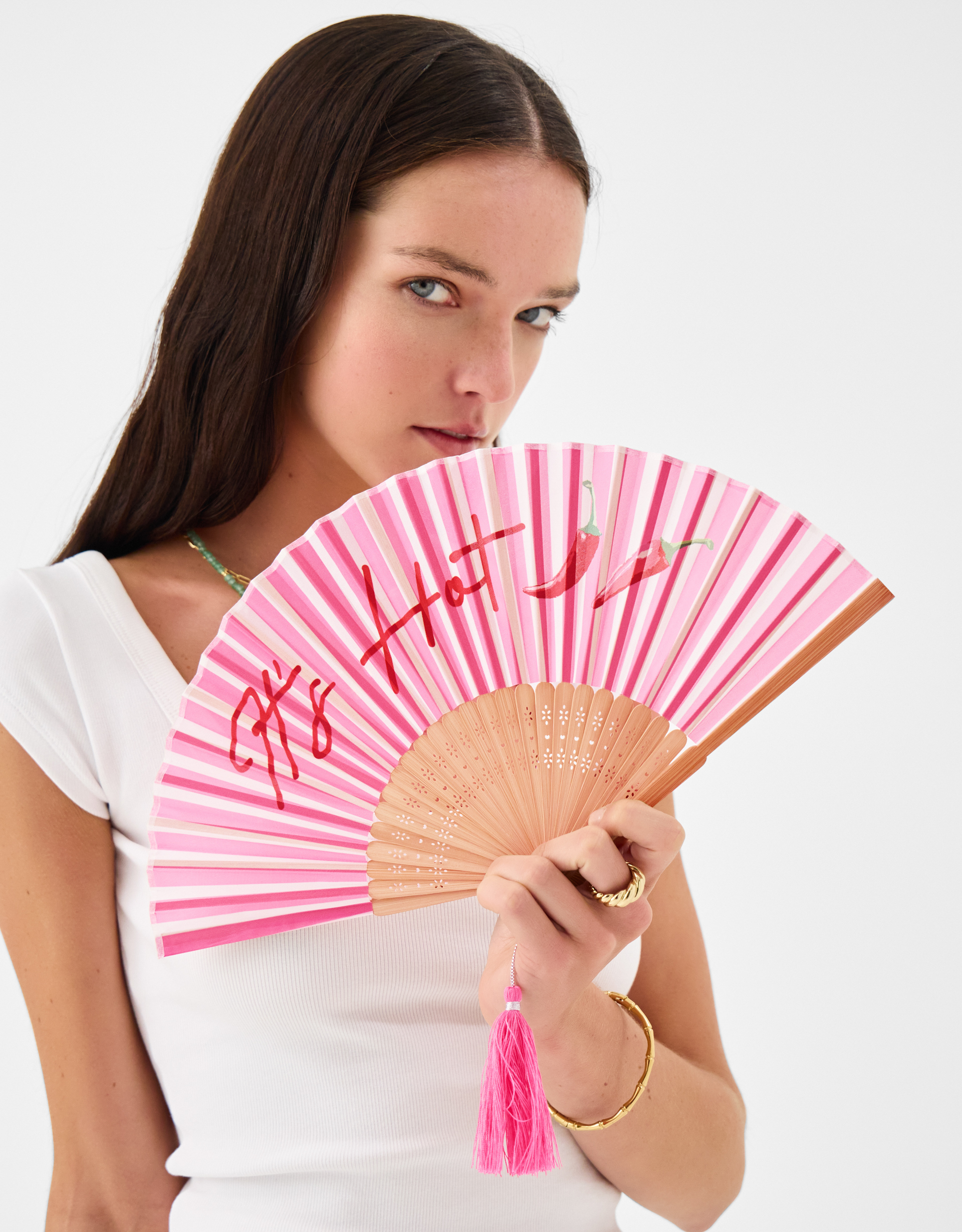 Accessorize Striped Stripe Slogan Foldable Fan, Pink