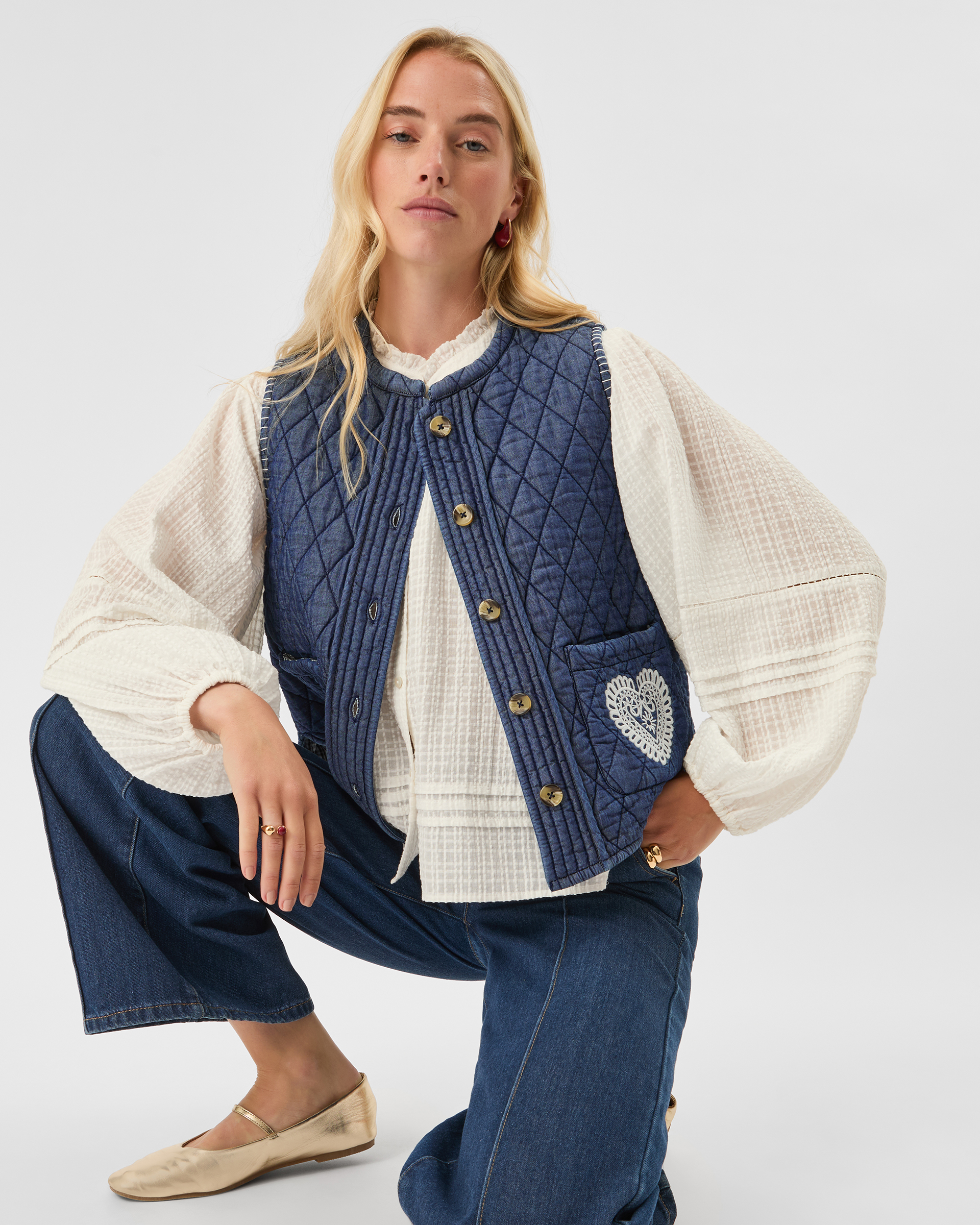 Blue Quilted Heart Denim Waistcoat, Size: M, Women's - Accessorize