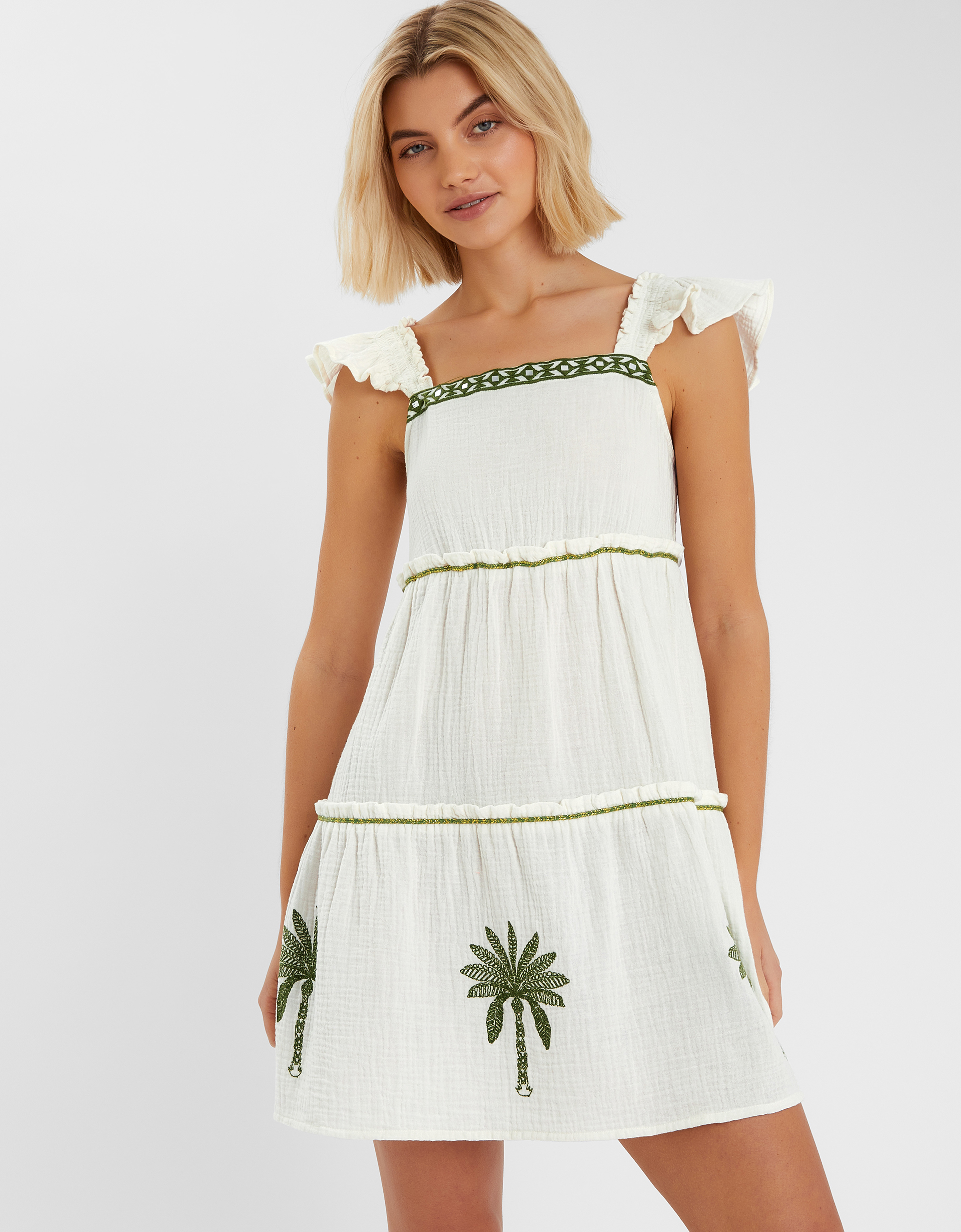 Cream & Green Palm Embroidered Cotton Frilly Mini Dress, Size: L, Women's - Accessorize