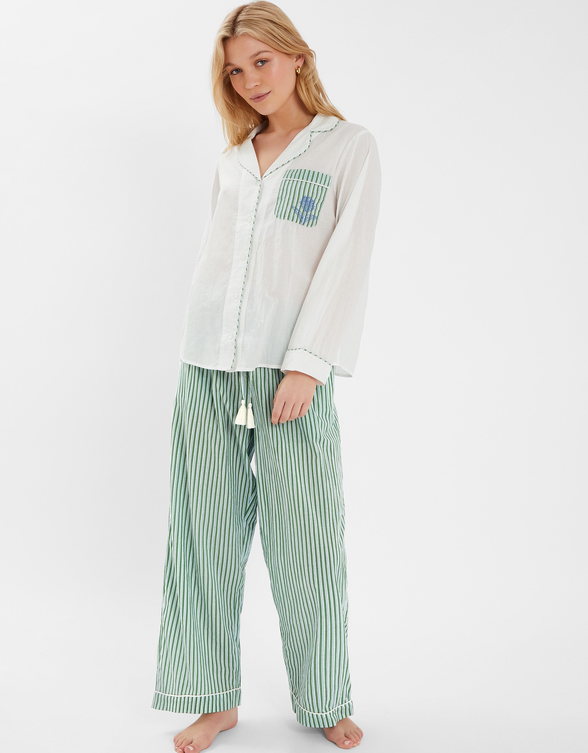 Green & White Cotton Dandelion Stripe Print Pyjama Set, Size: M, Women's - Accessorize Green/cream