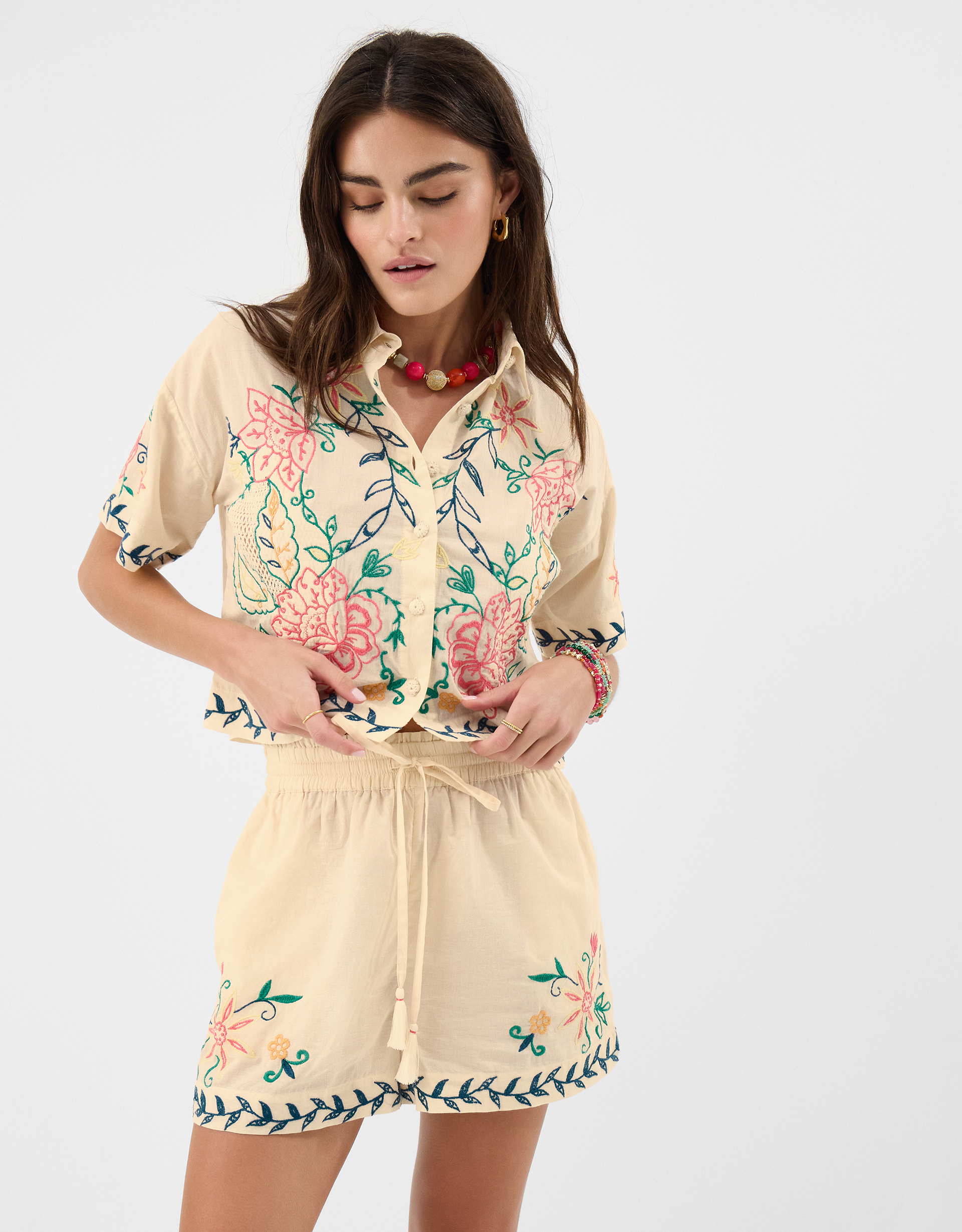 Accessorize Cotton Embroidered Floral Shorts, Multi, Size: M