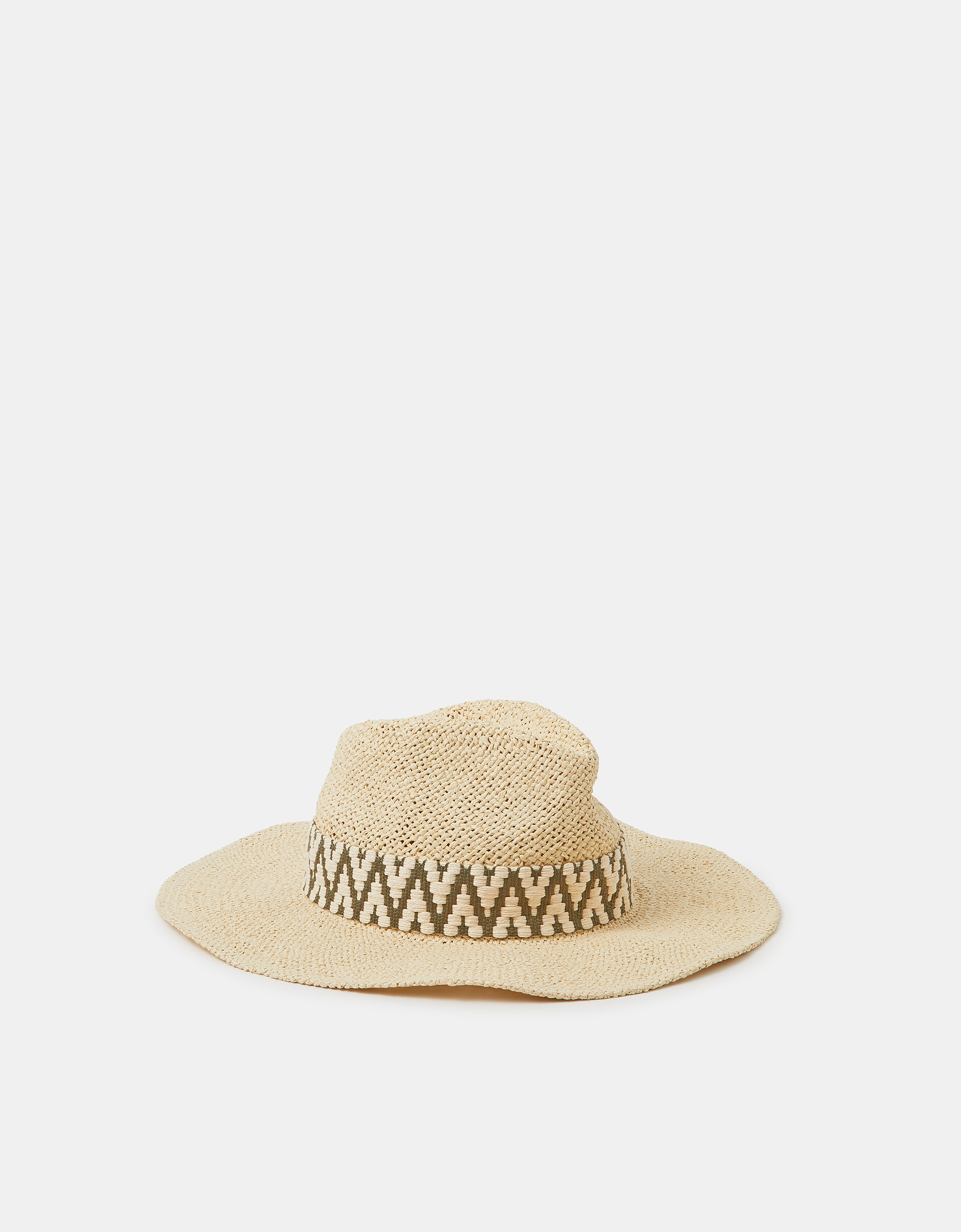 Accessorize Embroidered Chevron Straw Fedora Hat, Beige/Green, Size: 67cm