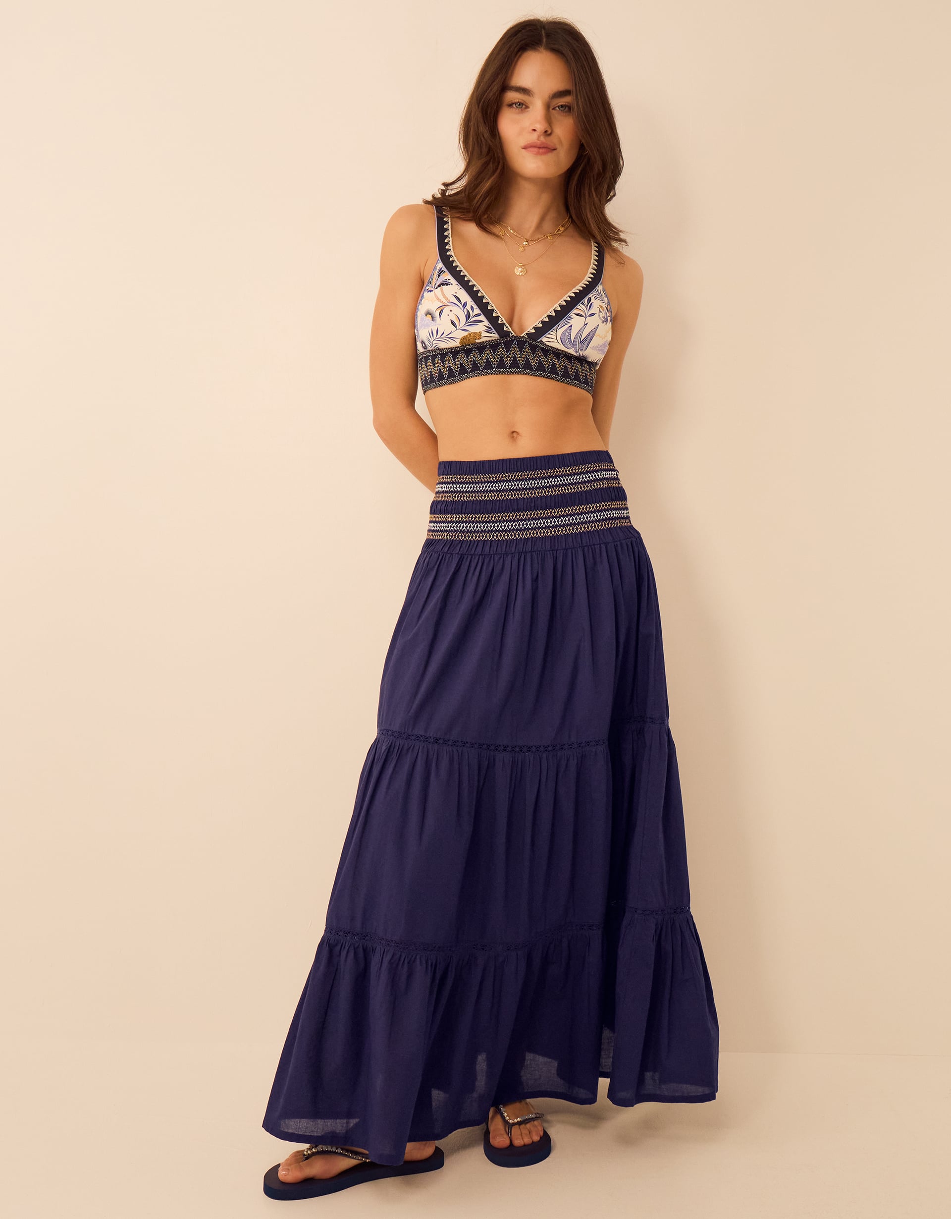 Smocked Tiered Maxi Skirt Blue, Size: