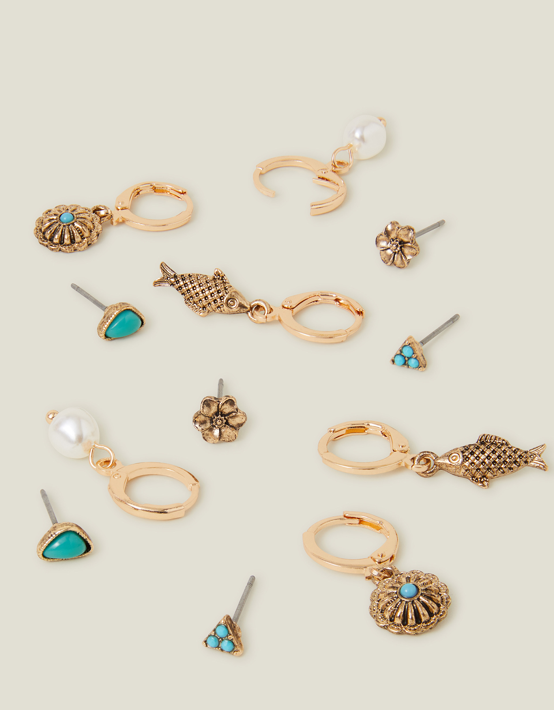 Gold 6-Pack Fish Charm Stud and Hoop Earrings - Accessorize