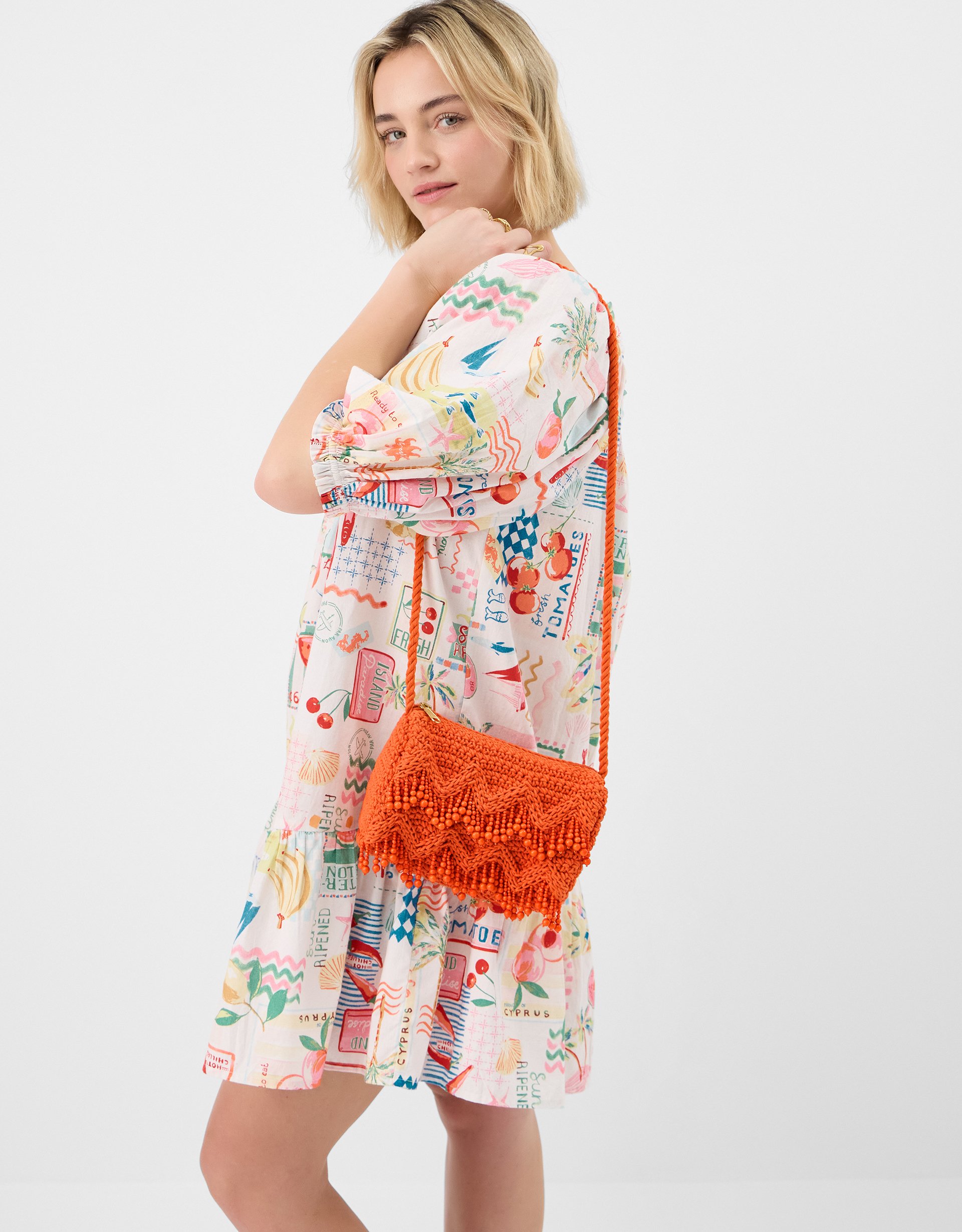 Accessorize Beaded Macramé Crossbody Bag, Orange